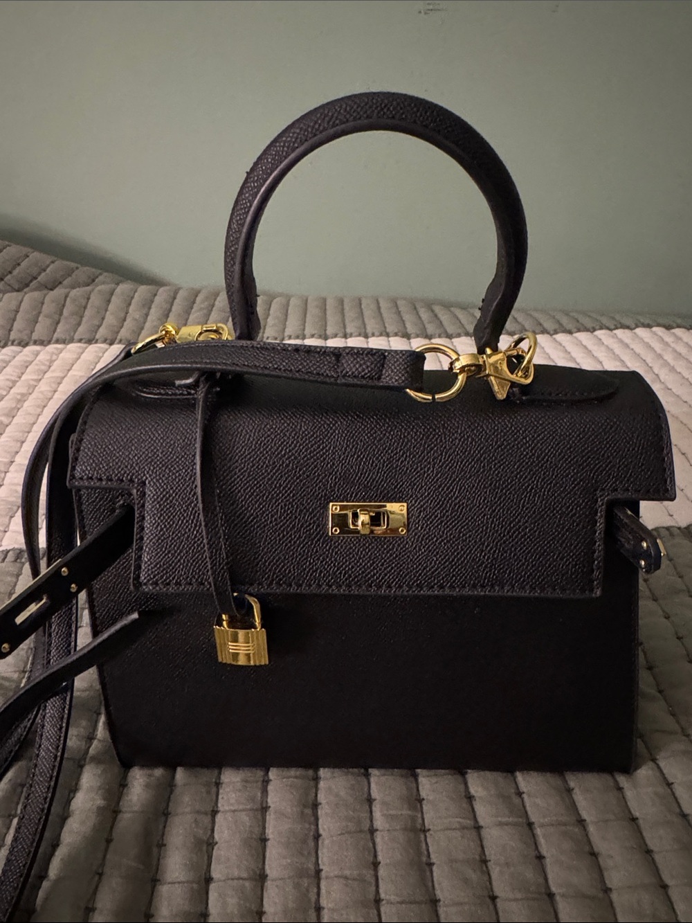 Classic Black Leather Tote Bag with Gold Hardware